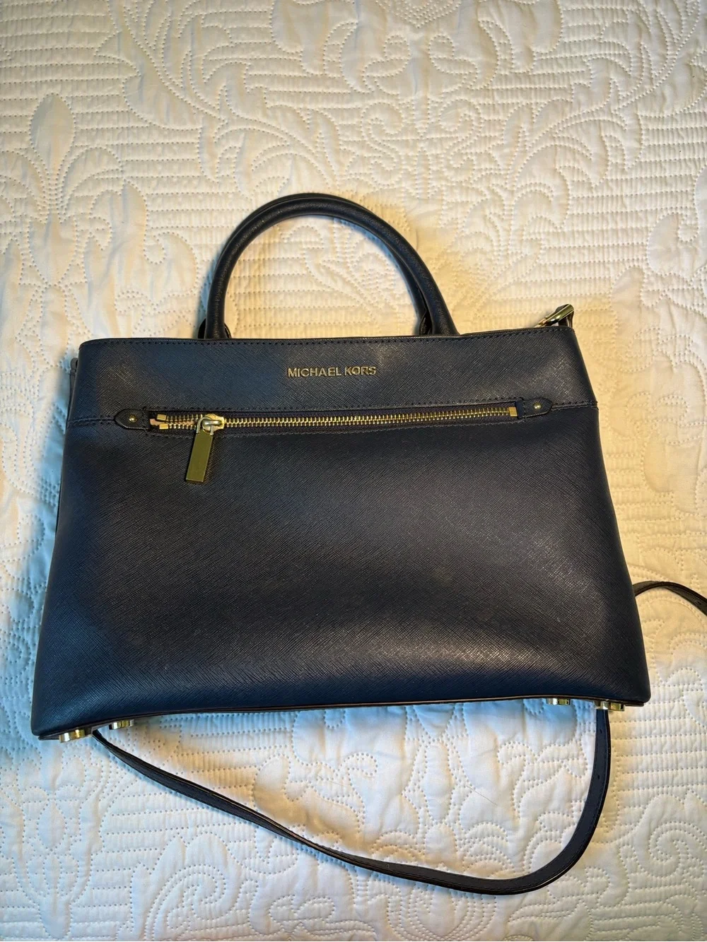 Michael Kors Navy Leather Top-Handle Satchel with Gold Hardware